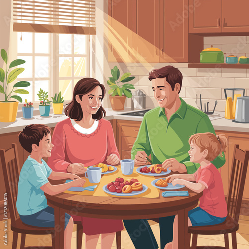 Family having breakfast together at a kitchen table with sunlight streaming in food
