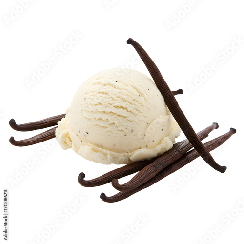 Creamy Vanilla Ice Cream Scoop with Beans on White Background