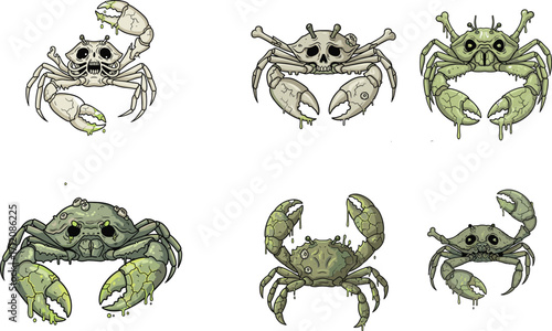 Fantasy Crabs Collection with Unique Designs, Stylized Textures, Mossy Claws, Skull Faces, Cartoon Expressions, Swamp Creatures, Dark Green Variants, Vector Art