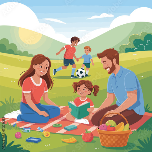 Family picnic with children playing soccer and reading a book outdoors summer