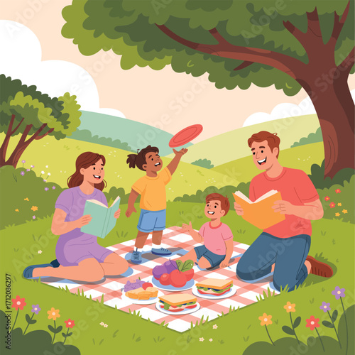 Family picnicking under a tree reading books and playing frisbee in a park children