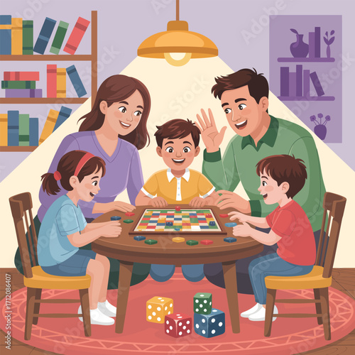 Family playing a board game together at a wooden table with dice vector illustration