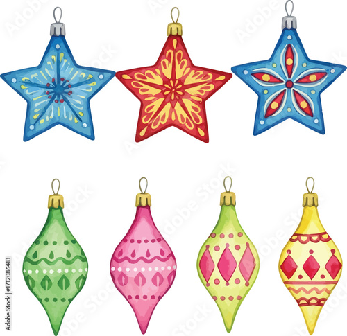 Collection of hand drawn watercolor christmas ornaments featuring stars and icicle shapes in festive colors