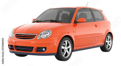 Isolated orange hatchback vehicle, studio shot, parked car ready to be released, sporty, clean