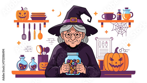 Witch in the Kitchen: An illustration of a kindly witch, adorned in a pointed hat and spectacles, surrounded by festive Halloween decorations, crafting potions in her kitchen.