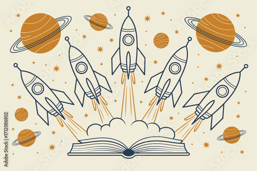 Illustration of five rockets launching from an open book surrounded by planets and stars design