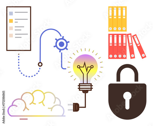 Cloud connection, cogwheel, glowing lightbulb, secure padlock, organized file binders. Ideal for data analysis, innovation, teamwork, cybersecurity cloud storage documentation and efficiency