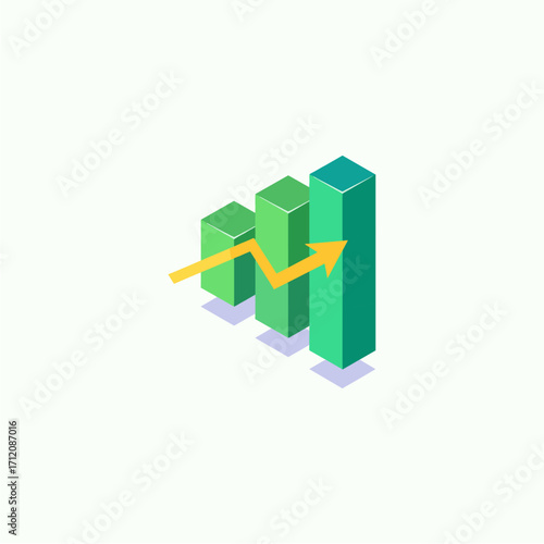 Isometric upwards bar graph, stonk chart icon logo flat vector design