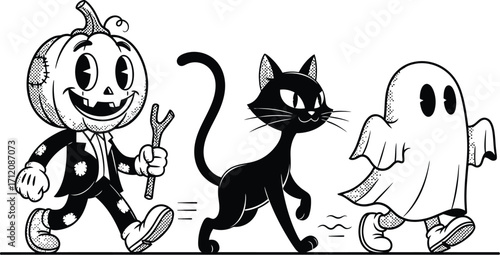 Whimsical Halloween characters walking together, a cheerful pumpkin man, a sleek black cat, and a playful ghost.