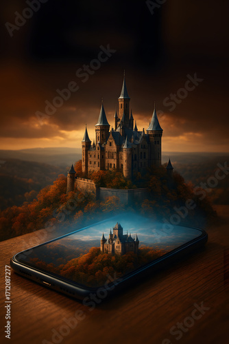 Photorealistic Medieval Castle Hologram on Smartphone with Autumn Scenery