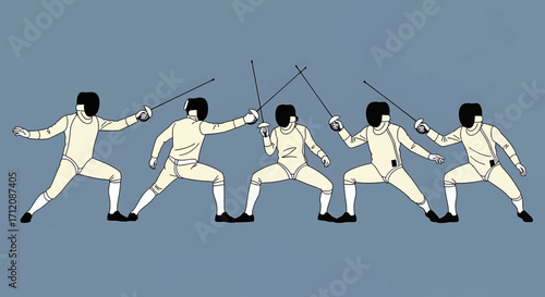 Fencers dueling in a competitive match with swords, wearing protective gear and demonstrating skill and precision in a dynamic display of athleticism and strategy.