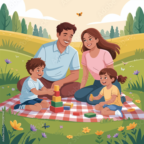 Family playing with building blocks on a picnic blanket in a park outdoors summer