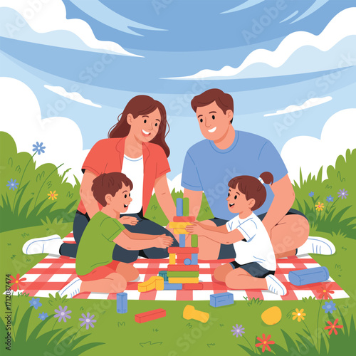 Family playing with building blocks on a picnic blanket outdoors park
