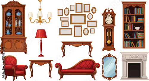 Vintage Furniture and Home Decor Collection with China Cabinet, Chandelier, Fireplace, Clock, Mirror, Upholstered Seating, Classical Interior Style