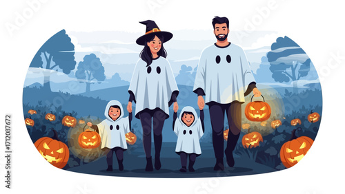Halloween Family Gathering: A delightful illustration captures the spirit of Halloween, depicting a family dressed in festive ghost costumes, walking together in a charming pumpkin patch with lantern.