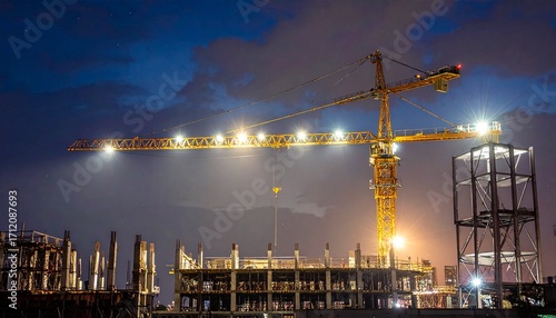 Towering construction crane illuminates nighttime building site, symbolizing progress and development