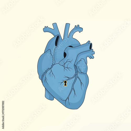 Anatomical heart with keyhole symbolizes unlocking emotions on a beige canvas, representing love, vulnerability, and the complexities of the human spirit.