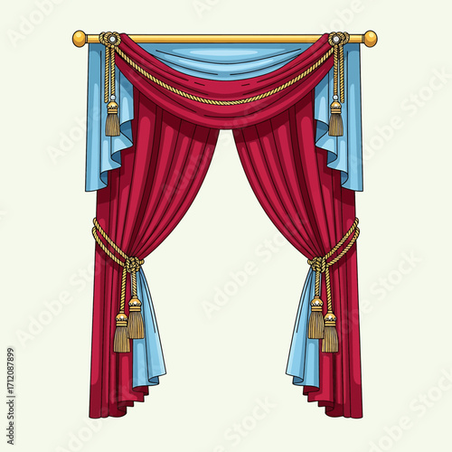 Elegant red and blue curtains hanging gracefully in a drawing room, creating a classic and luxurious atmosphere with its intricate tassels and draping, perfect for a vintage theme.