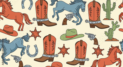 Cowboy themed items scattered across a beige surface creating a seamless pattern evoking a sense of western adventure and playful nostalgia.