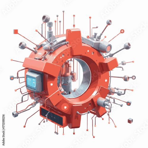 Intricate red mechanical device with wires and a digital display machine mechanism