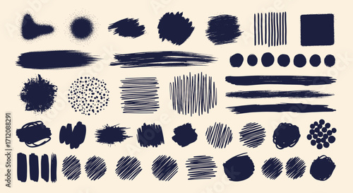 Hand drawn abstract shapes and textures creating artistic elements for creative projects on a light beige canvas, evoking a sense of organic imperfection and handmade charm.