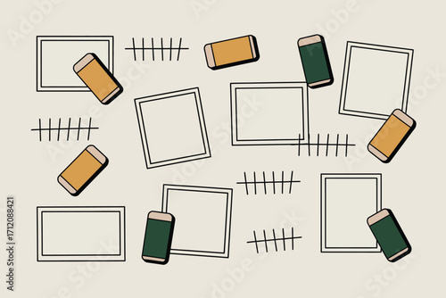 Illustration showing frames tally marks and rectangular objects scattered on a light background