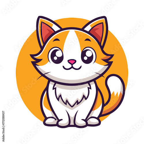 Cute cartoon cat character in a kawaii style. Adorable ginger and white kitten mascot vector illustration for a logo or sticker design