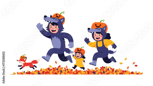 Costumed Children in Autumn: A heartwarming illustration of three children in playful animal costumes and a fox running through autumn leaves and celebrating Halloween.