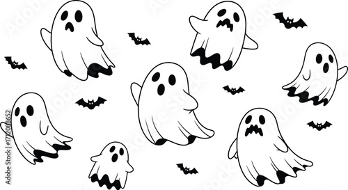 Whimsical collection of cute cartoon ghosts and bats for Halloween fun