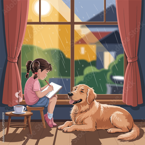 Girl drawing by a window with her dog during a rainy day notebook pencil