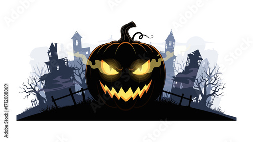 Spooky Halloween Pumpkin: A chilling Halloween scene featuring a sinister grinning pumpkin amidst haunted houses and eerie silhouettes.