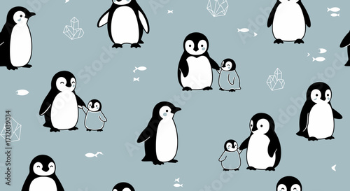 Penguins standing with their chicks on a light blue arctic landscape creating a cute and heartwarming pattern.