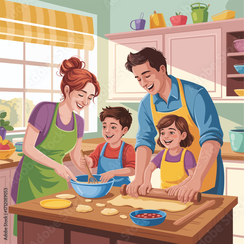 Happy family baking together in a bright kitchen with sunlight cooking children