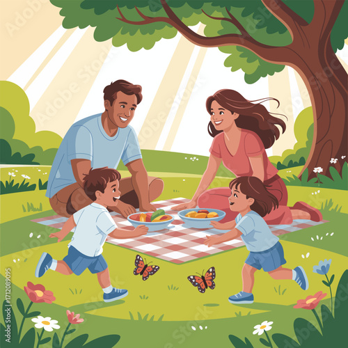 Happy family enjoying a picnic in a sunny park with butterflies summer outdoors