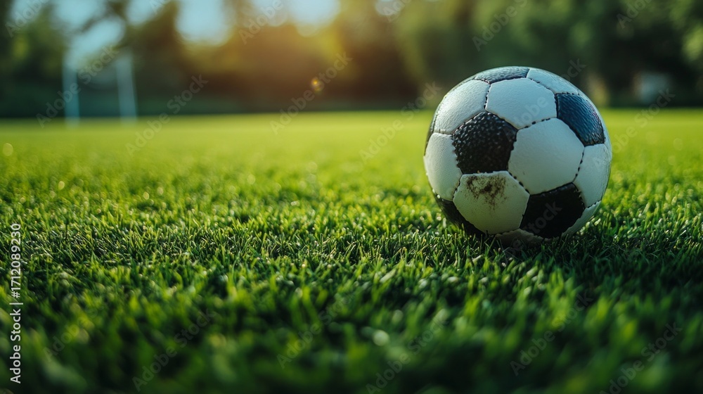 Obraz premium A soccer ball on a green field under the evening sun — suitable for topics related to sports, active recreation, and healthy lifestyles.