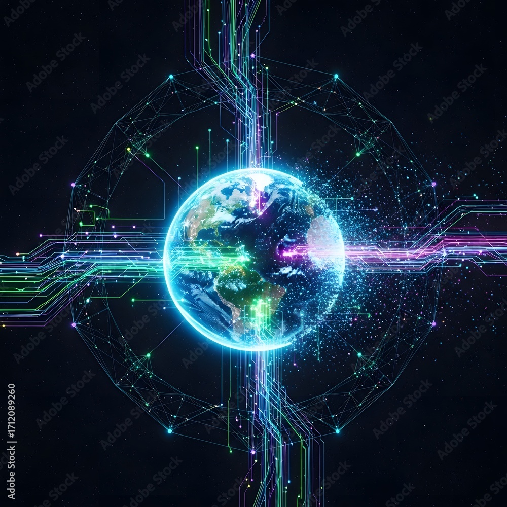 Obraz premium Digital representation of the Earth, surrounded by interconnected lines and glowing particles, symbolizing global technology.