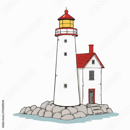 Cartoon lighthouse and keeper's house on a rocky island illustration building