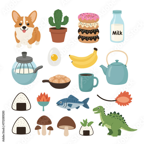 Cute Cartoon Food Animals Objects Kawaii Vector Illustration