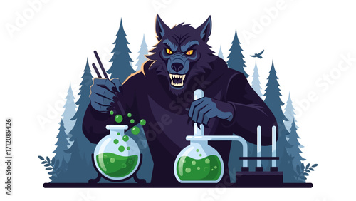 Werewolf's Experiment: A fierce werewolf conducts a bubbling chemical experiment within a forest setting, holding vials with meticulous care, conveying an air of fantasy and intrigue.