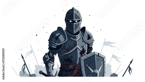Ancient Knight: An imposing illustration of a knight clad in weathered armor, shield in hand, and helmet concealing his features. The knight stands ready for battle amidst a sea of flags and weapons.