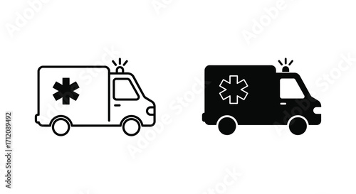 Two ambulance vector icons one outlined and one filled displayed side by side