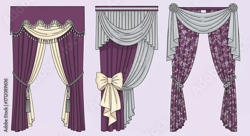 Elegant curtains hanging in a row, showcasing different styles and fabrics in a welllit room, creating a sense of luxury and sophistication.