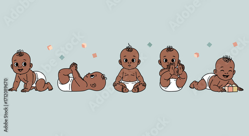 Baby shows developmental milestones in various poses against a pastel background, representing growth and progress in early childhood.