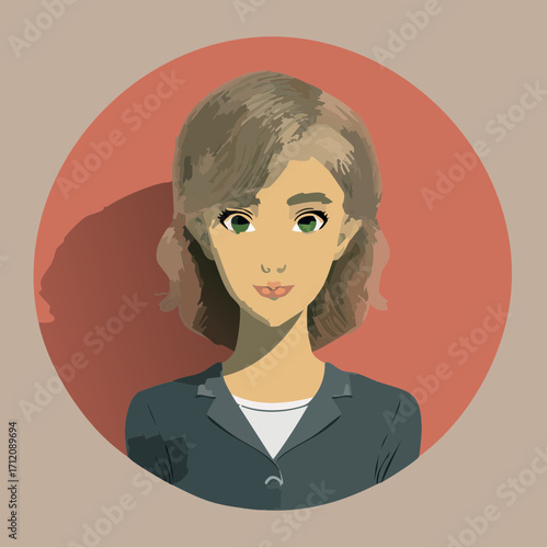 Portrait of a young woman with short blonde hair, wearing a dark jacket, depicted in a circular frame.
