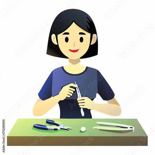 Smiling woman crafting jewelry, meticulously working with wire and beads at her workbench.