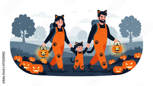 Halloween Family Trick-or-Treating: A family dressed in coordinating costumes walk through a pumpkin patch, each carrying a jack-o'-lantern as they enjoy the festivities of Halloween.