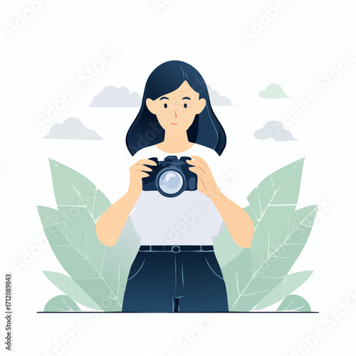 Woman photographer holding DSLR camera, surrounded by leaves and clouds.