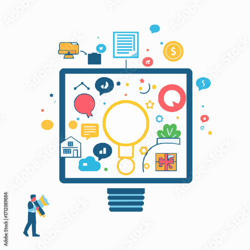 Wallpaper Mural Computer screen with light bulb and business icons, person holding megaphone monitor idea Torontodigital.ca