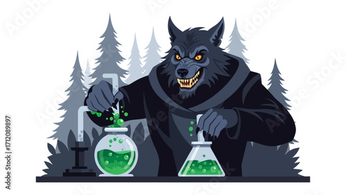 Alchemy of the Unknown: A formidable werewolf, engaged in alchemical experimentation, manipulates bubbling flasks and vials within a cryptic forest setting, symbolizing mystery and transformation.