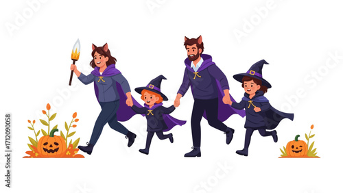 Halloween Family Adventure: A family embraces the spirit of Halloween, dressed in whimsical costumes, exploring and having fun on a spooky adventure.